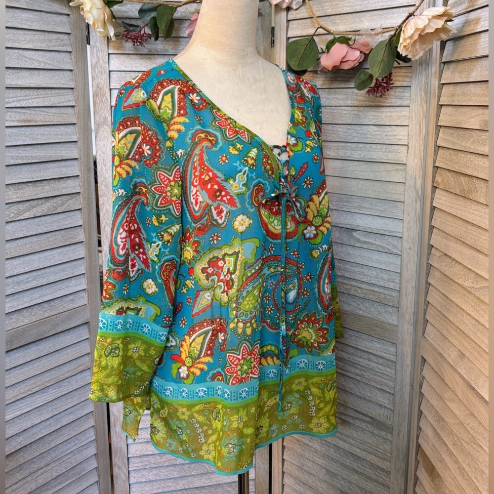Peasant Boho Style Women’s Tunic Blouse, MultiColor Paisley & Floral SZ L =12/14